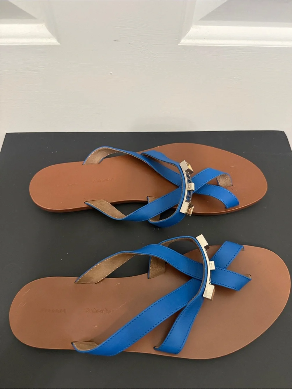 Proenza Schouler Blue Leather Crisscross w/ Toe Ring Slide Sandals - Women's